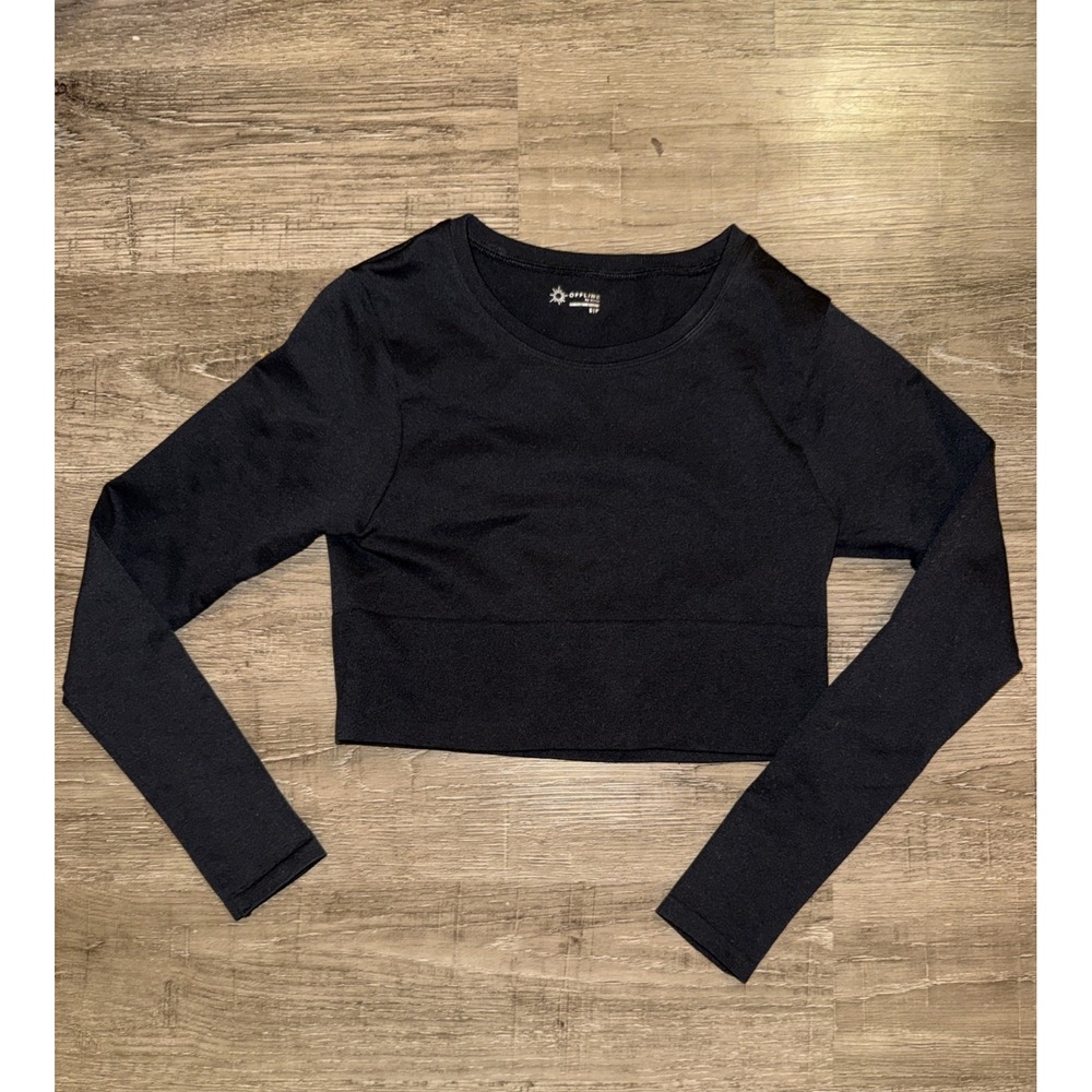 Offline By Aerie Black Cropped Top Long Sleeve S/P Athletic